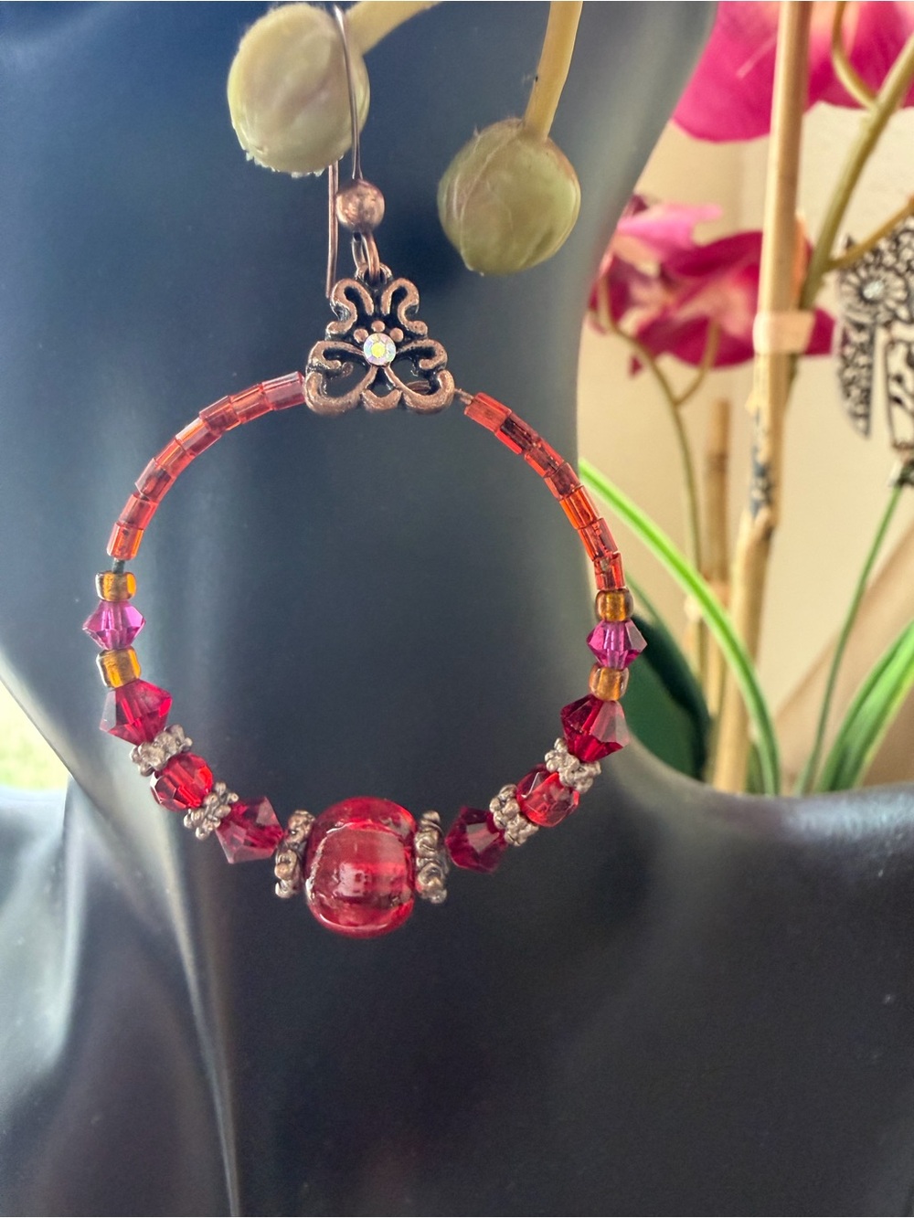 Red Beaded Hoop Earrings - Unbranded